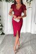 Meridress V Neck Ruffle Sleeves Slit Sequin Midi Party Dress