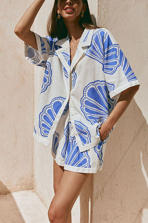 Meridress V Neck Short Sleeves Shirt and Drawstring Waist Shorts Seashell Print Set