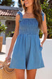 Meridress Sleeveless Bow Knot Shoulder Smocked Denim Romper