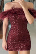 Meridress Off Shoulder Feather Trim Sequin Mini Party Dress