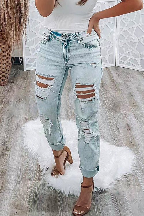 Meridress Distressed High Rise Ripped Boyfriend Denim Pants