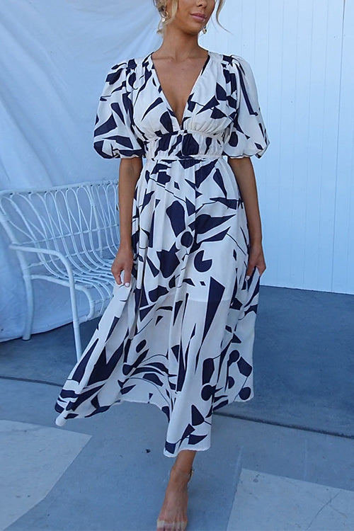 Meridress V Neck Puff Sleeves Printed Maxi Flowy Dress