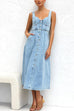 Meridress Distressed Button Down Pocketed Denim A-line Midi Cami Dress