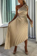 Meridress 3D Rose One Shoulder Cut Out Waist Asymmetric Hem Pleated Maxi Dress