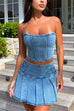 Meridress Crop Tube Top High Rise Slit Pleated Mini Skirt Denim Set