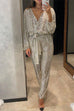 Meridress Wrap V Neck Tie Waist Sequin Jumpsuit