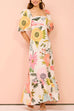 Meridress Square Collar Puff Sleeves Floral Print Cotton Linen Ruffle Maxi Dress