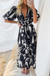 Meridress V Neck Puff Sleeves Printed Maxi Flowy Dress