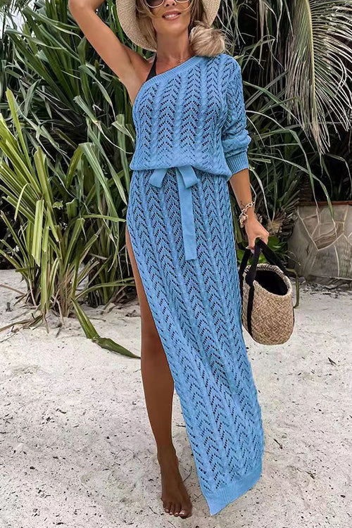 Meridress One Shoulder Long Sleeve High Split Hollow Out Beach Dress