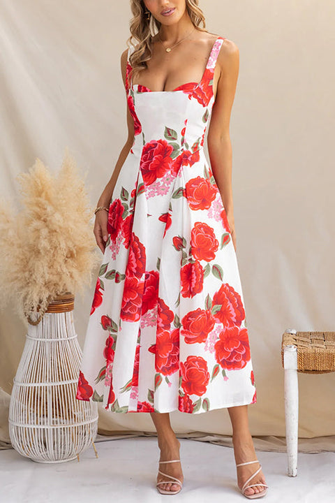 Adjustable Strap Floral Print Swing Midi Dress