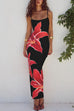 Meridress Spaghetti Strap Back Slit Lily Print Bodycon Maxi Dress