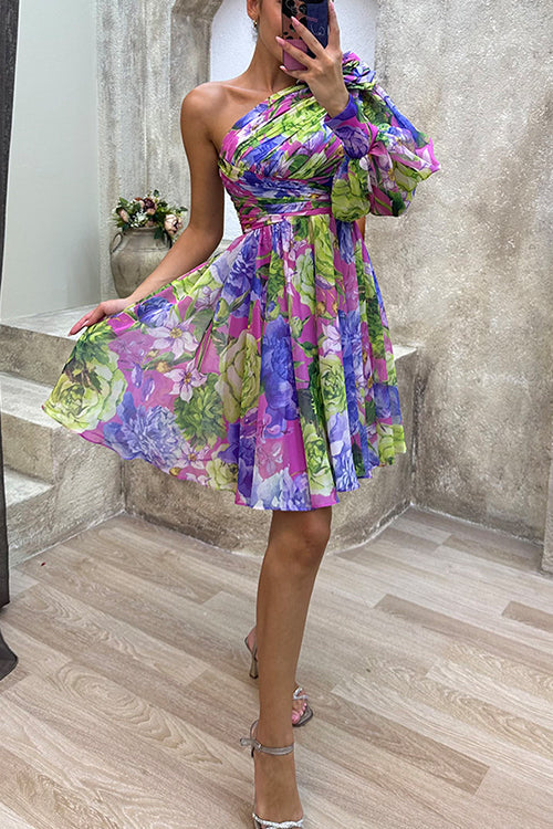 Meridress Ruched One Shoulder Waisted Floral Print Flowy Dress