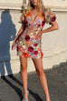 Meridress V Neck Puff Sleeves Embroidered Floral Mini Dress