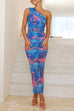 Meridress One Shoulder Ruched Floral Print Bodycon Maxi Dress