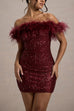 Meridress Off Shoulder Feather Trim Sequin Mini Party Dress