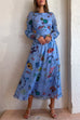 Meridress Balloon Long Sleeves Cut Out Graffiti Printed Flowy Midi Dress