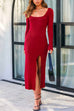 Meridress Square Collar Slit Ribbed Knit Bodycon Midi Dress