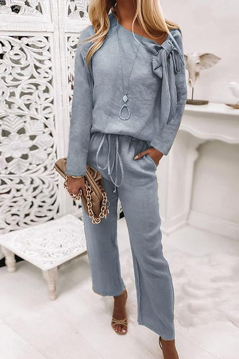 Meridress Bow Knot Neck Pullover Top+Pants Lounge Set