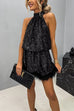 Meridress Halter Sleeveless Feather Hem Sequin Dress