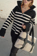 Meridress Turtleneck Zip Up Striped Pullover Sweater