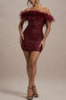 Meridress Off Shoulder Feather Trim Sequin Mini Party Dress