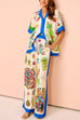 Meridress Graffiti Print Short Sleeves Blouse Shirt Drawstring Waist Wide Leg Pants Satin Set