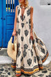 Meridress Tassle Deep V Neck Sleeveless Printed Maxi Swing Holiday Dress