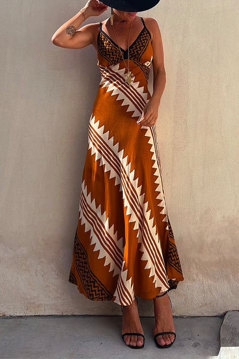 Meridress V Neck Color Block Printed Maxi Swing Cami Dress