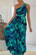 Meridress One Shoulder Drawstring Cut Out Printed Maxi Pleated Dress