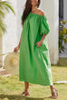 Meridress Off Shoulder Puff Sleeves Pocketed Baggy Midi Dress