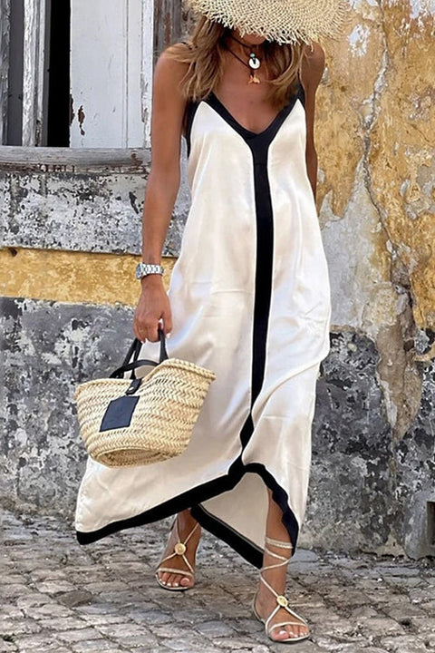 Meridress Spaghetti Strap V Neck Color Block Maxi Holiday Dress