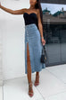 Meridress Button Down Slit Midi Denim Skirt