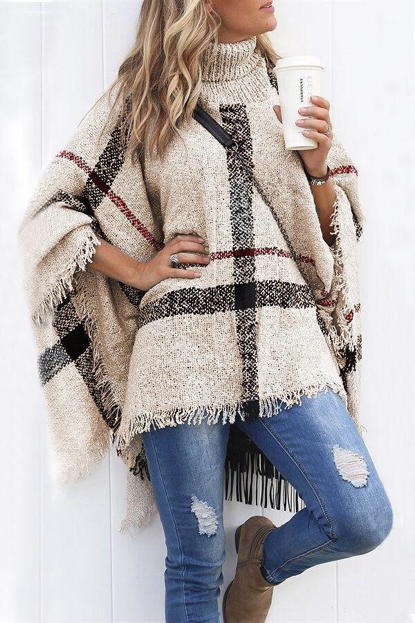 Meridress Chicest Tassel Lattice Cloak Poncho Sweater