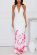 Meridress Halter V Neck Backless Ruched Flower Print Maxi Dress