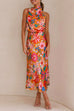 Meridress Tie Back Halter Sleeveless Waisted Maxi Floral Dress