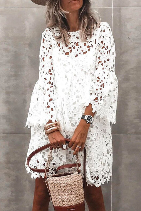 Meridress Bell Sleeves Hollow Out Lace Dress with Slip