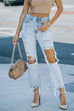 Meridress Raw Hem Ripped Hole Cropped Jeans