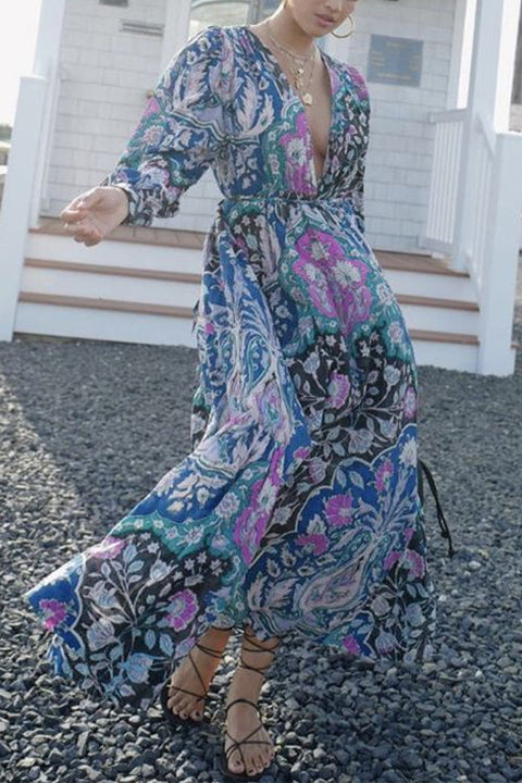 V Neck Long Sleeves Tie Waist Printed Maxi Dress