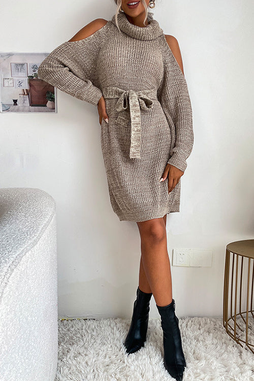 Meridress Turtleneck Cold Shoulder Belted Sweater Dress