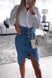 Meridress High Waist Slit Front Knee Length Denim Skirt