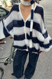 Meridress Lantern Sleeves Button Down Color Block Stripes Sweater with Scarf