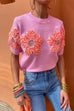 Meridress Crewneck Short Sleeves 3D Flower Sweater Top