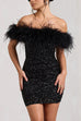 Meridress Off Shoulder Feather Trim Sequin Mini Party Dress