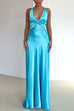 V Neck Twist Front Tie Bow Backless Satin Maxi Dress