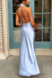 Halter High Neck Open Back Satin Maxi Party Dress