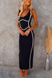 V Neck Backless Color Block Bodycon Maxi Cami Dress