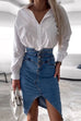 Meridress High Waist Slit Front Knee Length Denim Skirt