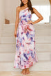 Meridress One Shoulder Sleeveless Cut Out Floral Print Pleated Maxi Dress