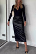 Meridress High Waist Back Slit Splice Faux Leather Maxi Skirt