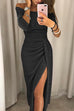 Meridress Off Shoulder High Slit Ruched Glitter Dress